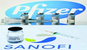 (COMBO) This combination of pictures created on January 27, 2021 shows vials with Covid-19 Vaccine stickers attached and syringes with the logo of US pharmaceutical company Pfizer, on November 17, 2020 (up) and a vial reading "Vaccine Covid-19" next to French biopharmaceutical company Sanofi logo on November 23, 2020. - Sanofi will help Pfizer and BioNTech produce their vaccine against Covid-19 and should package more than 100 million doses to be delivered to the European Union by the end of 2021. (Photos by JUSTIN TALLIS and JOEL SAGET / AFP)