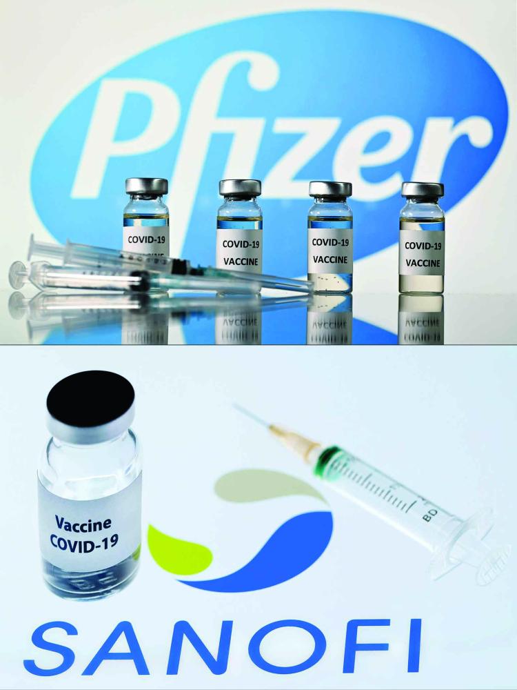(COMBO) This combination of pictures created on January 27, 2021 shows vials with Covid-19 Vaccine stickers attached and syringes with the logo of US pharmaceutical company Pfizer, on November 17, 2020 (up) and a vial reading "Vaccine Covid-19" next to French biopharmaceutical company Sanofi logo on November 23, 2020. - Sanofi will help Pfizer and BioNTech produce their vaccine against Covid-19 and should package more than 100 million doses to be delivered to the European Union by the end of 2021. (Photos by JUSTIN TALLIS and JOEL SAGET / AFP)