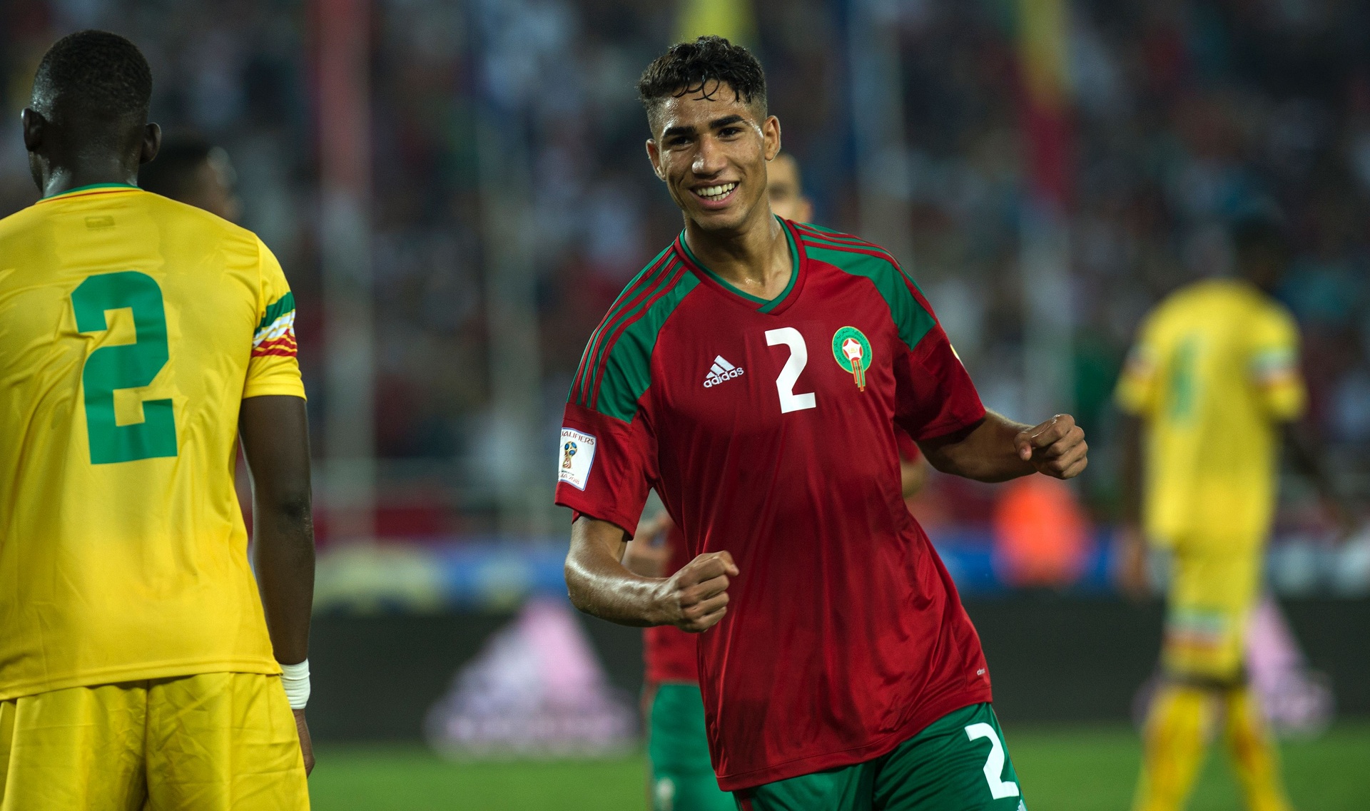 Morocco's Hakimi Achraf (red) celebrates his goal during the match Morocco VS Mali for the qualification of the Fifa world cup Russia 2018 on September 1, 2017 in the stadium "Prince Moulay Abdellah" in Rabat. / AFP PHOTO / FADEL SENNA (Photo credit should read FADEL SENNA/AFP/Getty Images)