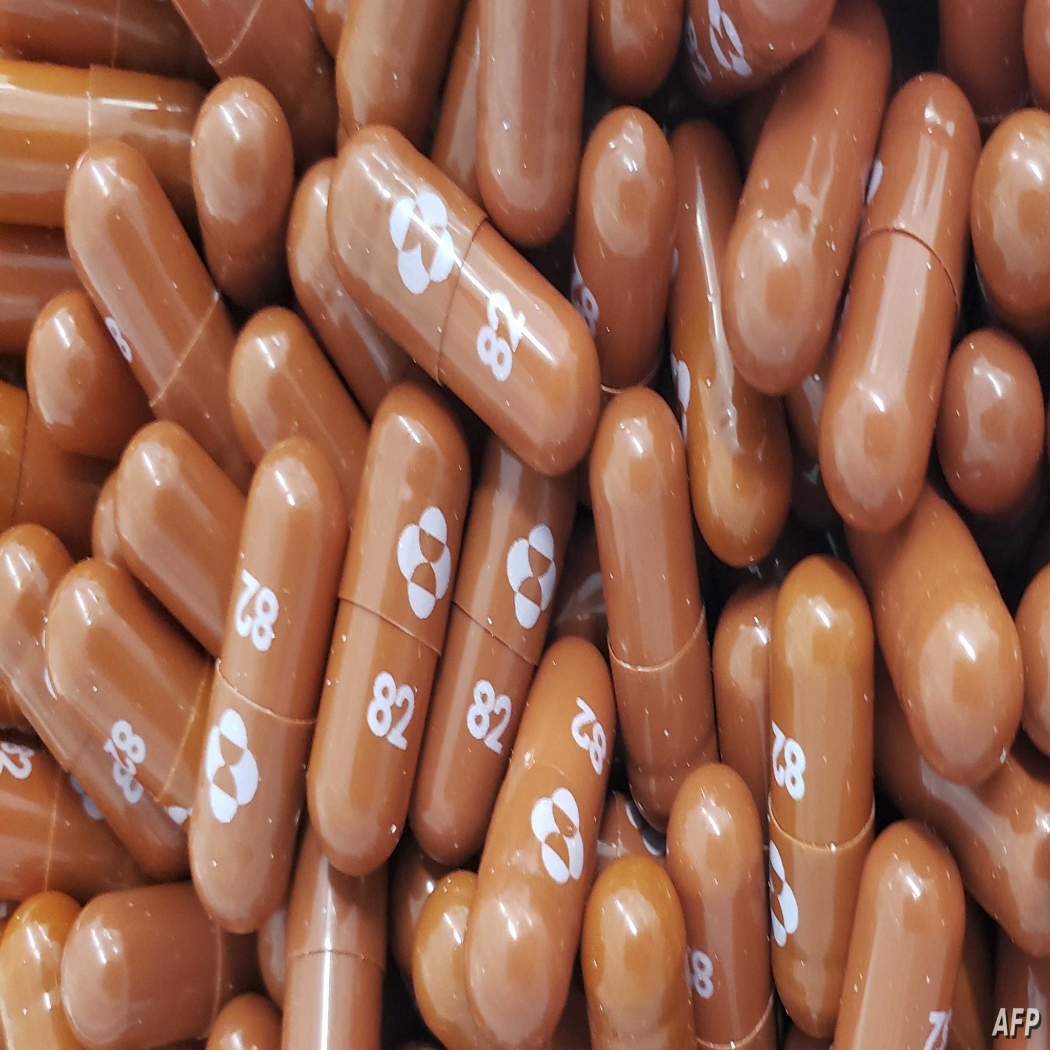 (FILES) This handout photo obtained May 26, 2021, courtesy of Pharmaceutical company Merck shows capsules of the experimental antiviral drug Molnupiravir. - Merck said on October 1, 2021, it will seek authorization in the US for molnupiravir for Covid-19, after the pill showed "compelling results" in a clinical trial. The experimental drug, significantly reduced the risk of hospitalization or death when administered to high-risk patients early in the disease, Merck and its partner Ridgeback Biotherapeutics said in a statement. (Photo by Handout / Merck & Co,Inc. / AFP) / RESTRICTED TO EDITORIAL USE - MANDATORY CREDIT "AFP PHOTO /Merck & Co,Inc./HANDOUT" - NO MARKETING - NO ADVERTISING CAMPAIGNS - DISTRIBUTED AS A SERVICE TO CLIENTS