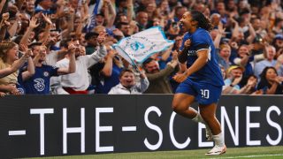 LONDON, ENGLAND - OCTOBER 01: Lauren James of Chelsea celebrates after scoring the team's second goal during the Barclays Women's Super League match between Chelsea FC and Tottenham Hotspur at Stamford Bridge on October 01, 2023 in London, England. (Photo by Ryan Pierse/Getty Images)