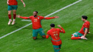 Morocco's forward #20 Ayoub El Kaabi celebrates his goal during the Africa Cup of Nations (CAN) group A football match between Morocco and Comoros at Prince Moulay Abdellah Stadium in Rabat on December 21, 2025. (Photo by Abdel Majid BZIOUAT / AFP via Getty Images)