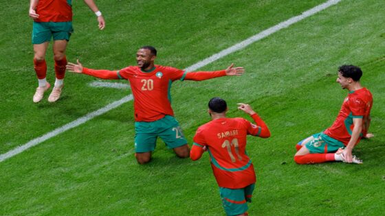 Morocco's forward #20 Ayoub El Kaabi celebrates his goal during the Africa Cup of Nations (CAN) group A football match between Morocco and Comoros at Prince Moulay Abdellah Stadium in Rabat on December 21, 2025. (Photo by Abdel Majid BZIOUAT / AFP via Getty Images)