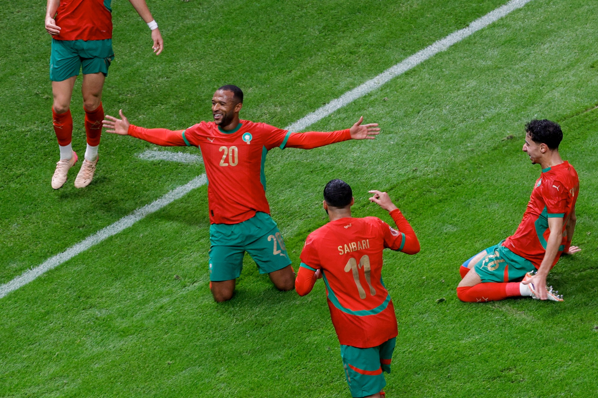 Morocco's forward #20 Ayoub El Kaabi celebrates his goal during the Africa Cup of Nations (CAN) group A football match between Morocco and Comoros at Prince Moulay Abdellah Stadium in Rabat on December 21, 2025. (Photo by Abdel Majid BZIOUAT / AFP via Getty Images)