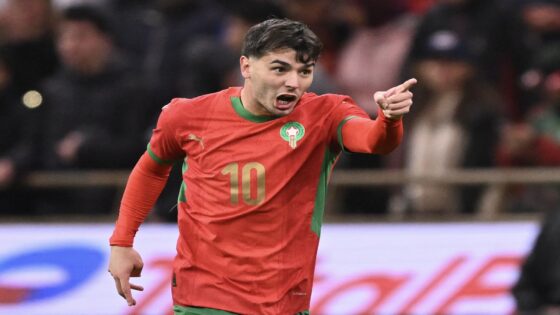 TOPSHOT - Guest and Morocco's forward #10 Brahim Diaz celebrates scoring his team's first goal during the Africa Cup of Nations (CAN) group A football match between Morocco and Comoros at Prince Moulay Abdellah Stadium in Rabat on December 21, 2025. (Photo by SEBASTIEN BOZON / AFP via Getty Images)