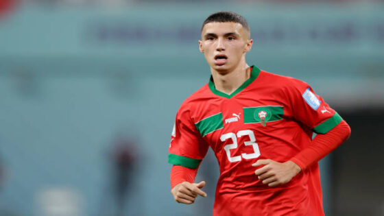 DOHA, QATAR - DECEMBER 17: Bilal El Khannous of Morocco during the World Cup match between Croatia v Morocco at the Khalifa International Stadium on December 17, 2022 in Doha Qatar (Photo by Rico Brouwer/Soccrates/Getty Images)